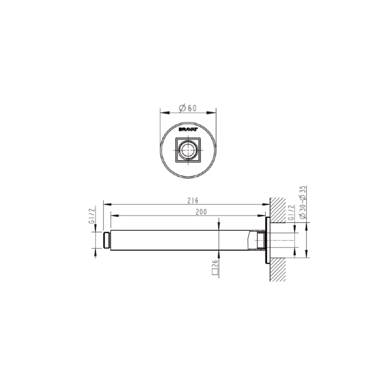 216mm Square Ceiling Arm Chrome