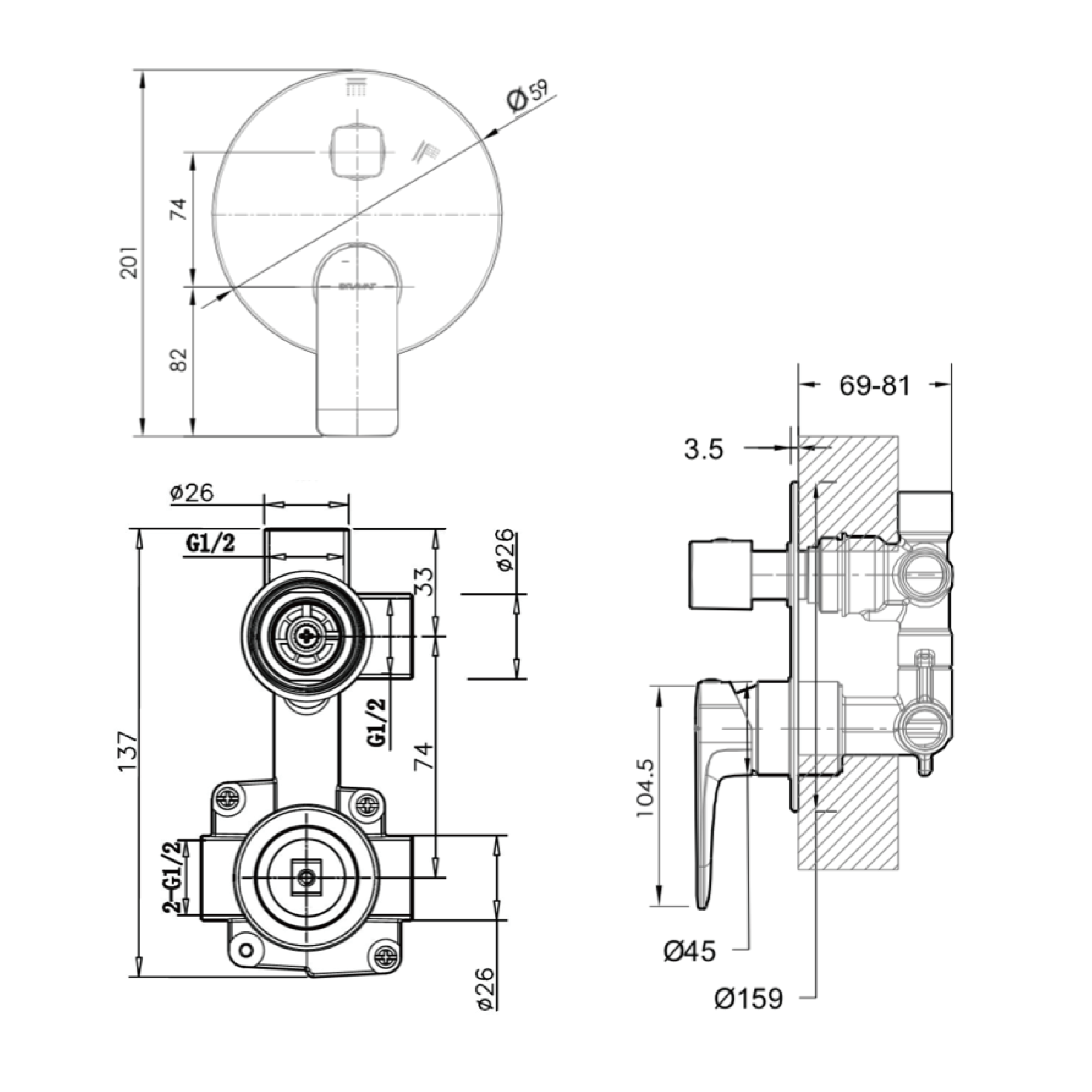 Elle Shower Mixer with Diverter Gun Metal