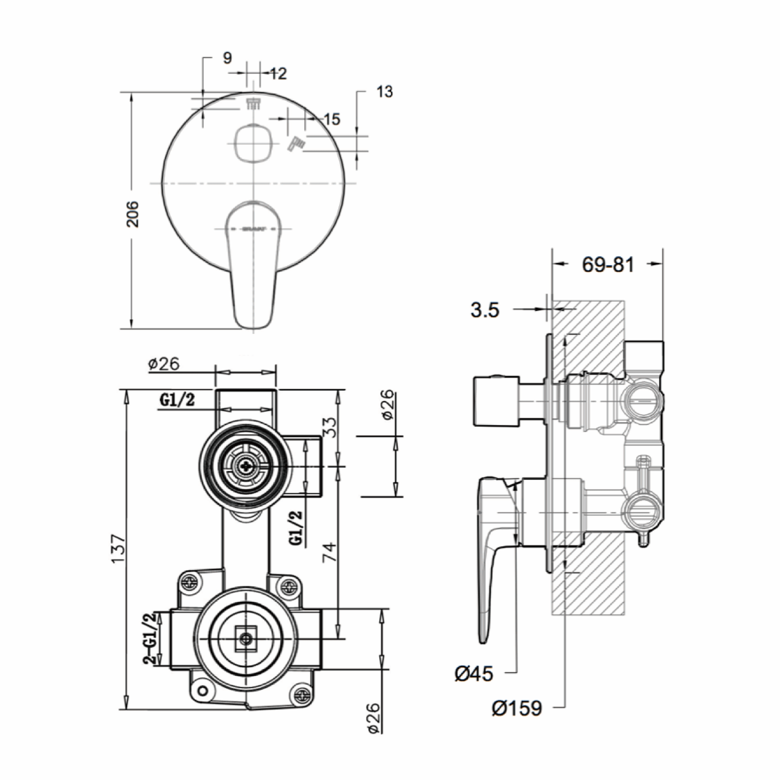 Source Shower Mixer with Diverter Matte Black